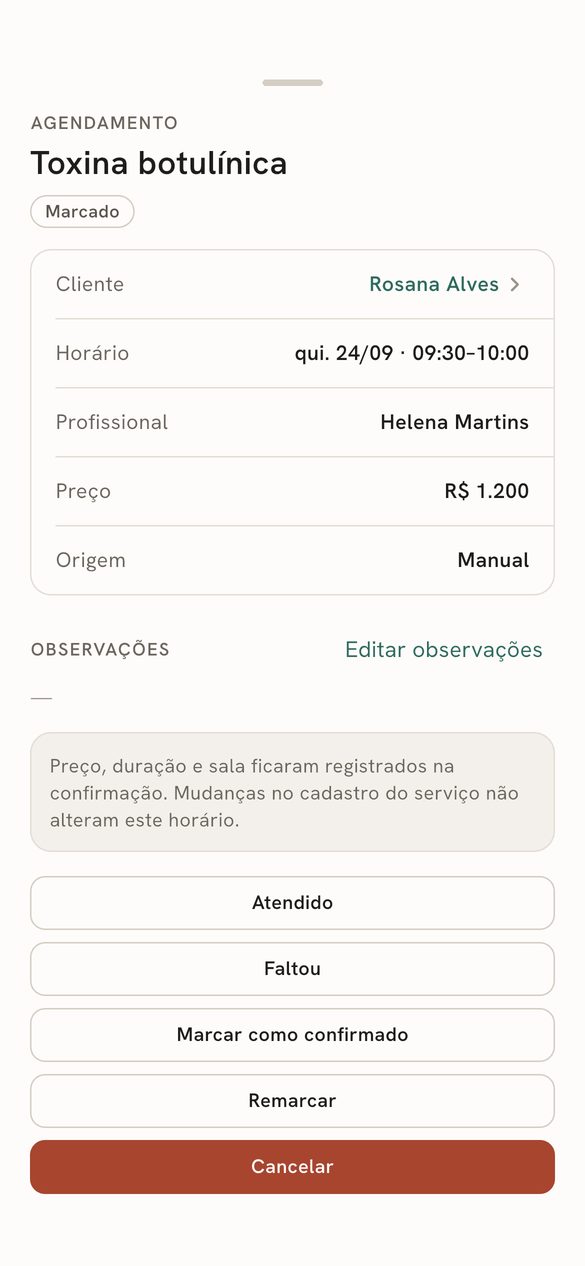 Detalhe de um agendamento com as ações de confirmar, remarcar e cancelar