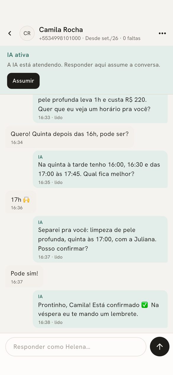 Conversa em que a IA marca uma limpeza de pele pelo WhatsApp